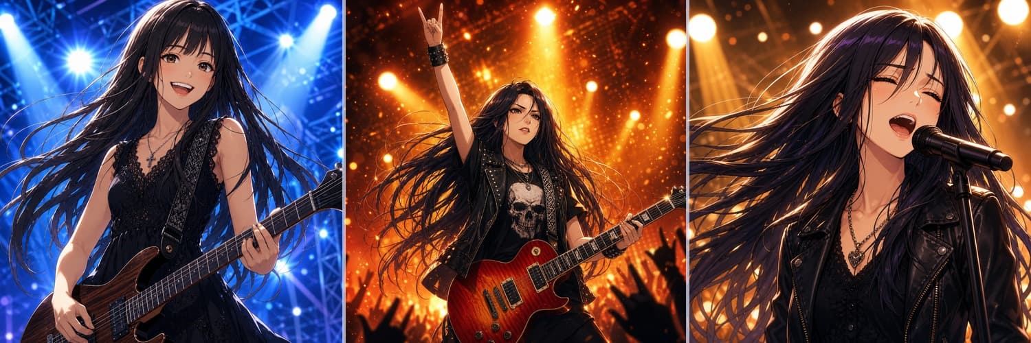 NENE/Robin.hood X header — three-panel anime collage: guitar, horns, singing